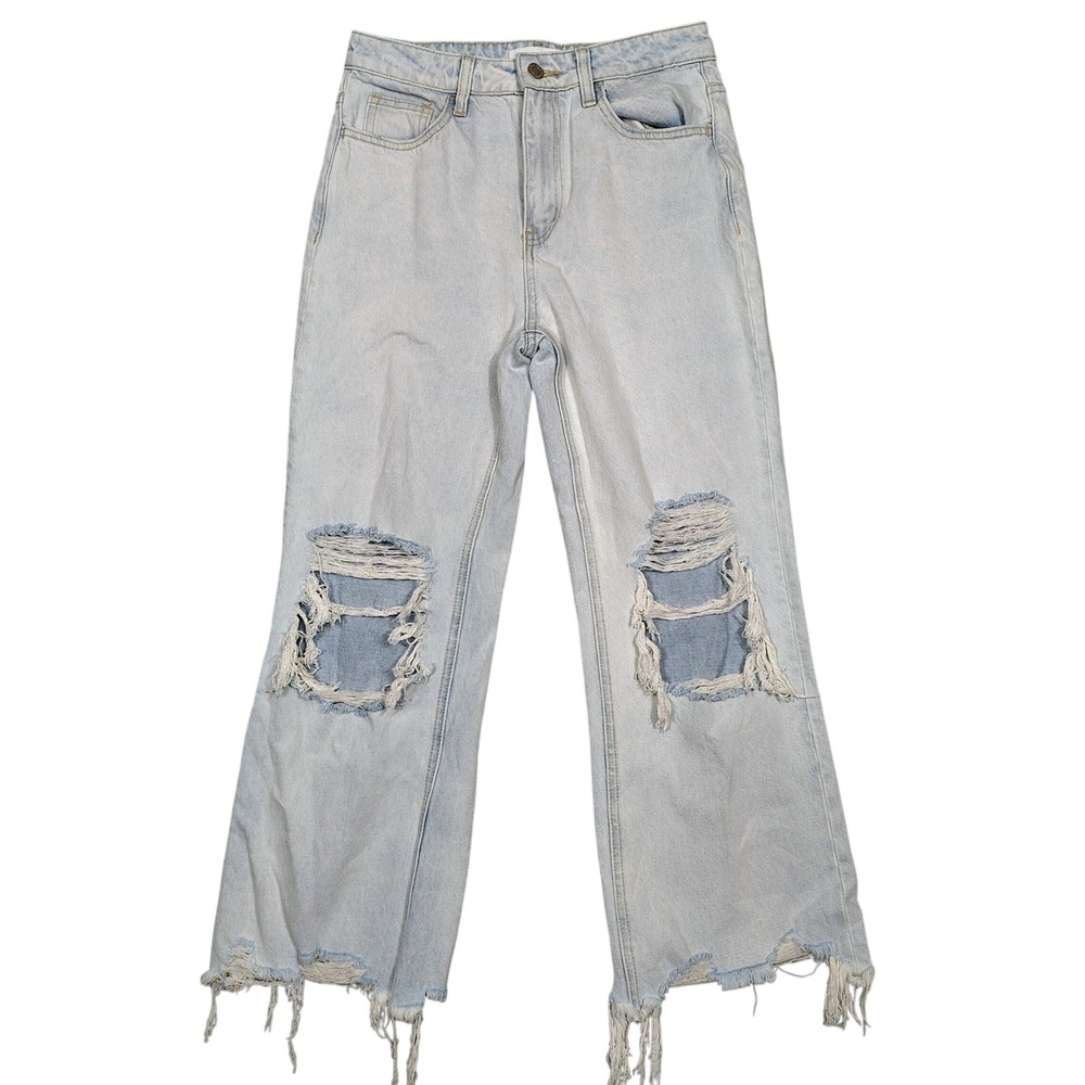Vervet Jeans Women 26 Light Blue Distressed Knee Raw Hem Wide Leg Cotton Denim